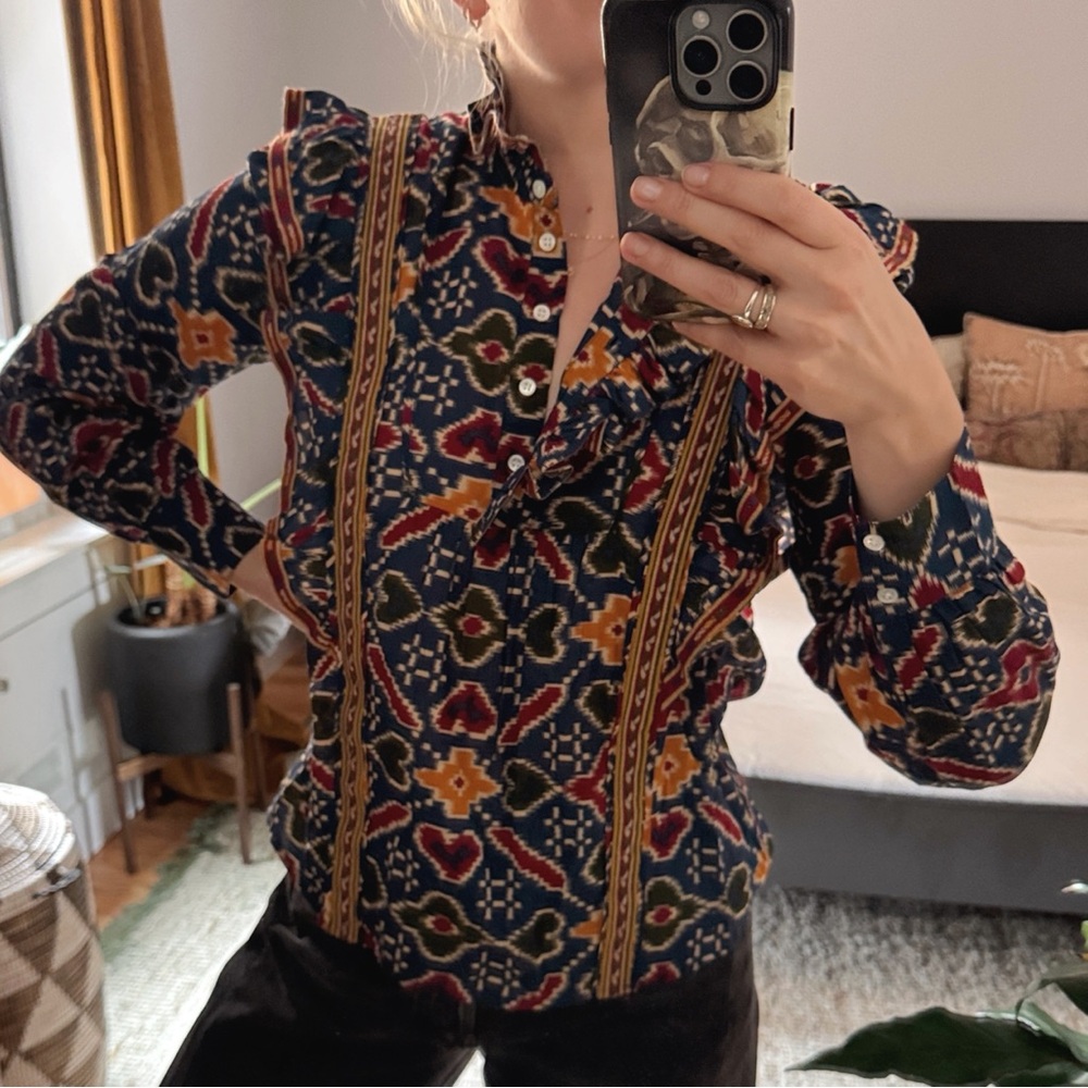 Sezane Multicolor Patterned Blouse with Embroidery